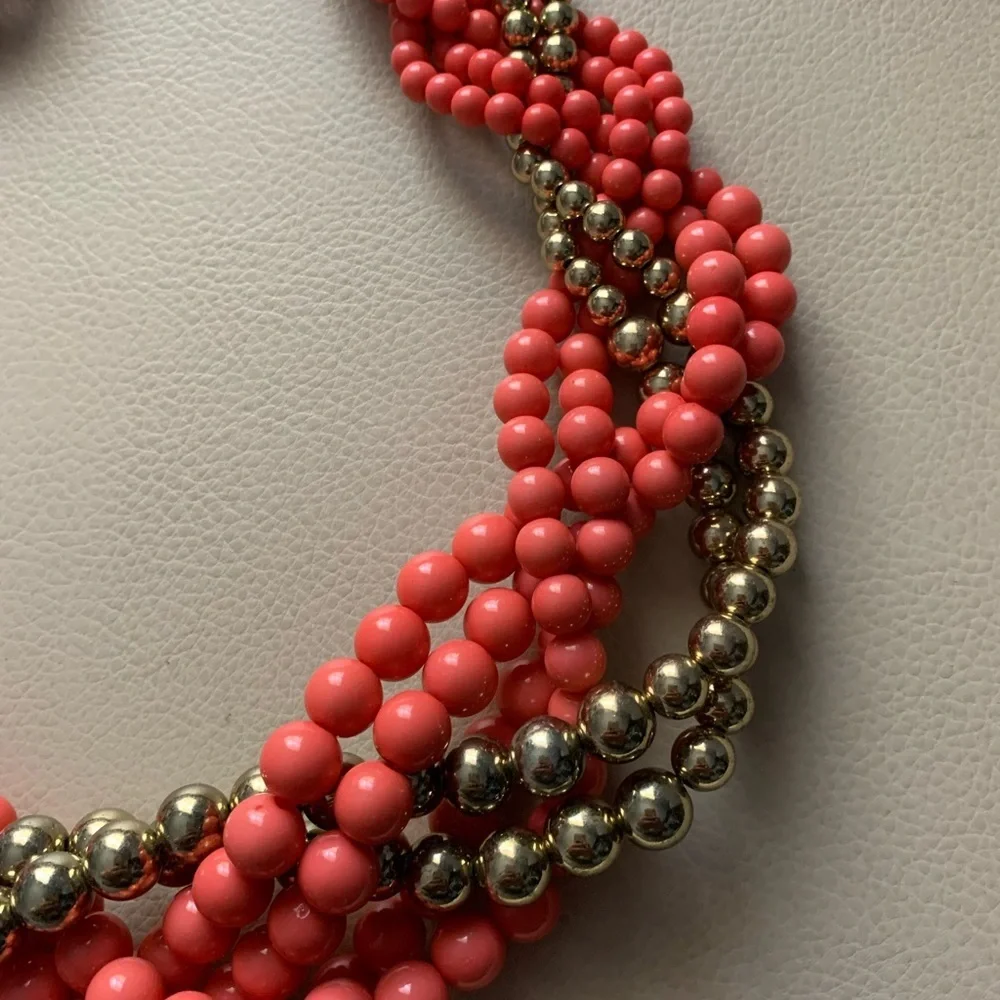 Coral Pink & Gold Braided Bead Statement Necklace